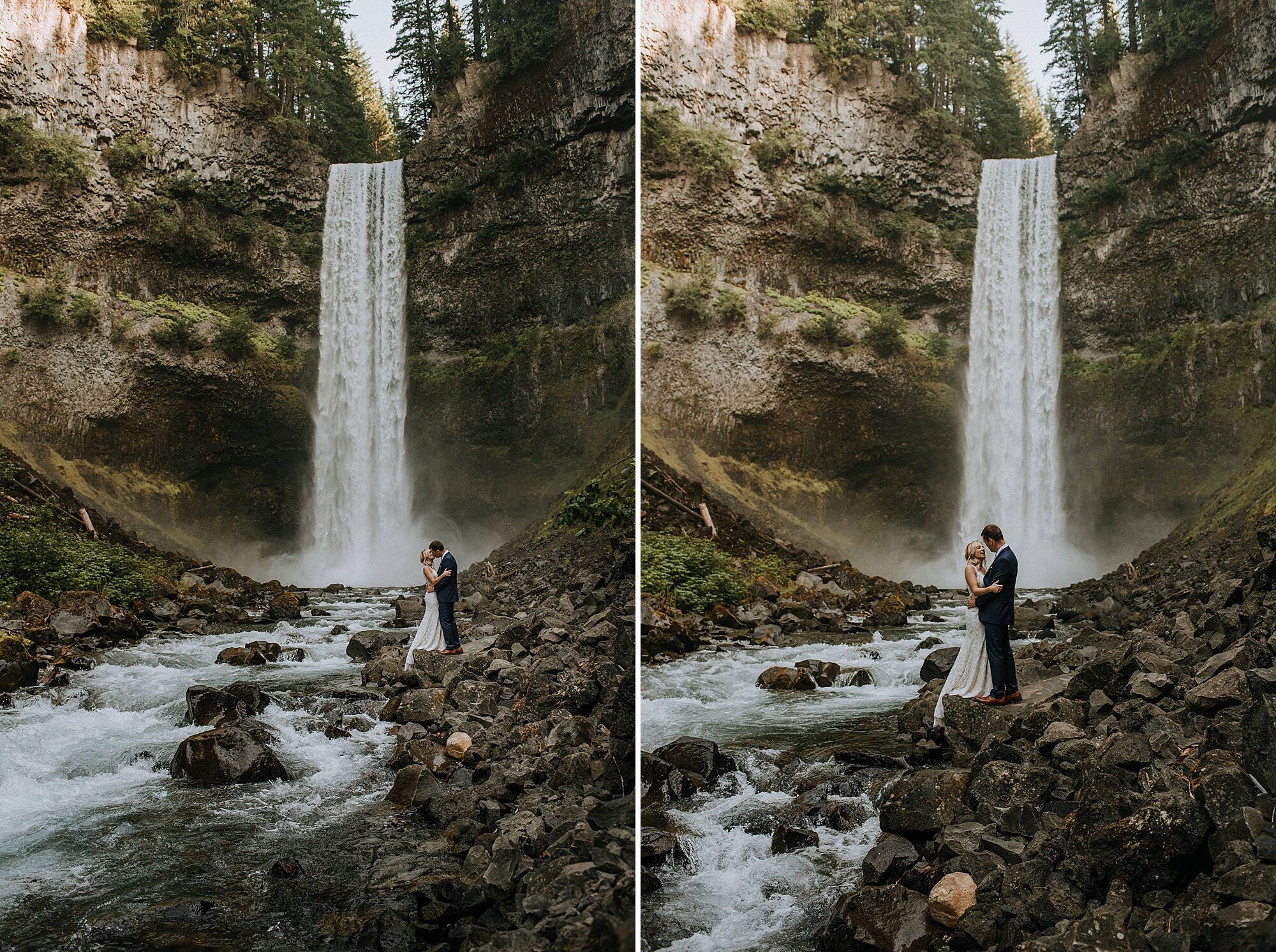 Bride and Groom embracing in front of waterfall