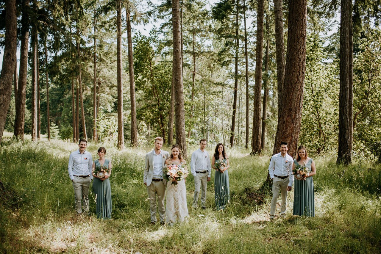 wedding party portrait in forest on galiano island