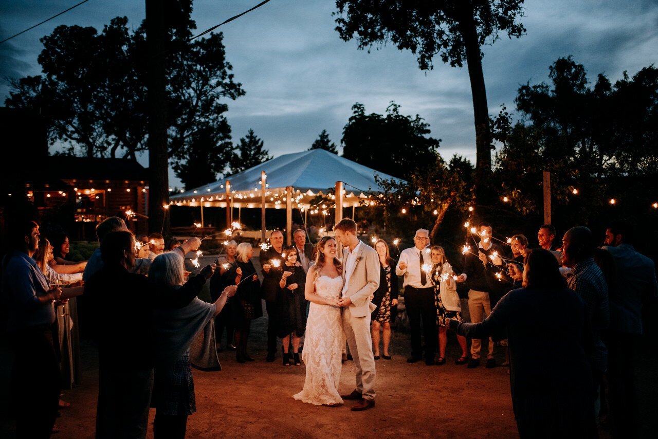 wedding couple surrounded by guests holding sparklers at wedding