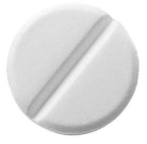 Close-up of a white, round pill with a score line.