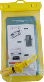 Yellow waterproof case with a yellow lanyard and a device inside, likely for outdoor or aquatic use.