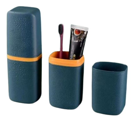 A blue bathroom organizer with three sections containing a toothbrush, toothpaste, and a cup.