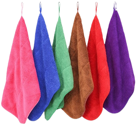 Five colorful bath towels hanging on hooks in pink, blue, green, brown, red, and purple.