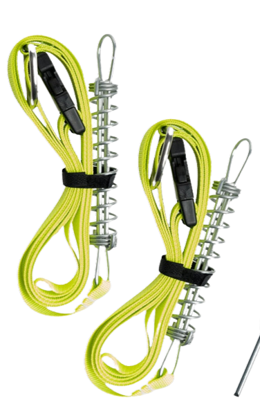 Pair of yellow bungee cords with metal hooks and adjustable clips.