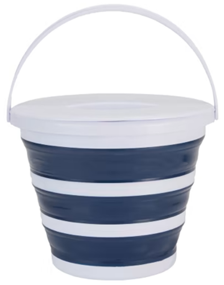 A striped black and white collapsible sand bucket with a white handle.