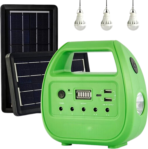 A green portable solar power generator with a built-in handle, two USB ports, an AC outlet, a battery indicator, and a circular light, accompanied by a small solar panel and three hanging LED lights.