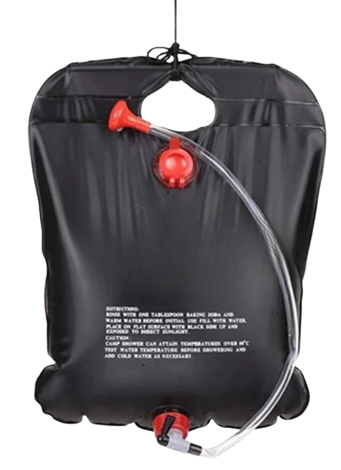 Black camping water bladder with red nozzle, hose, and instructions printed on it.