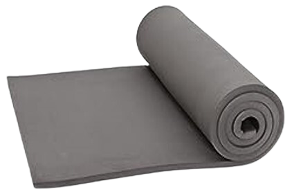 Rolled gray yoga mat partially unrolled showing flat surface