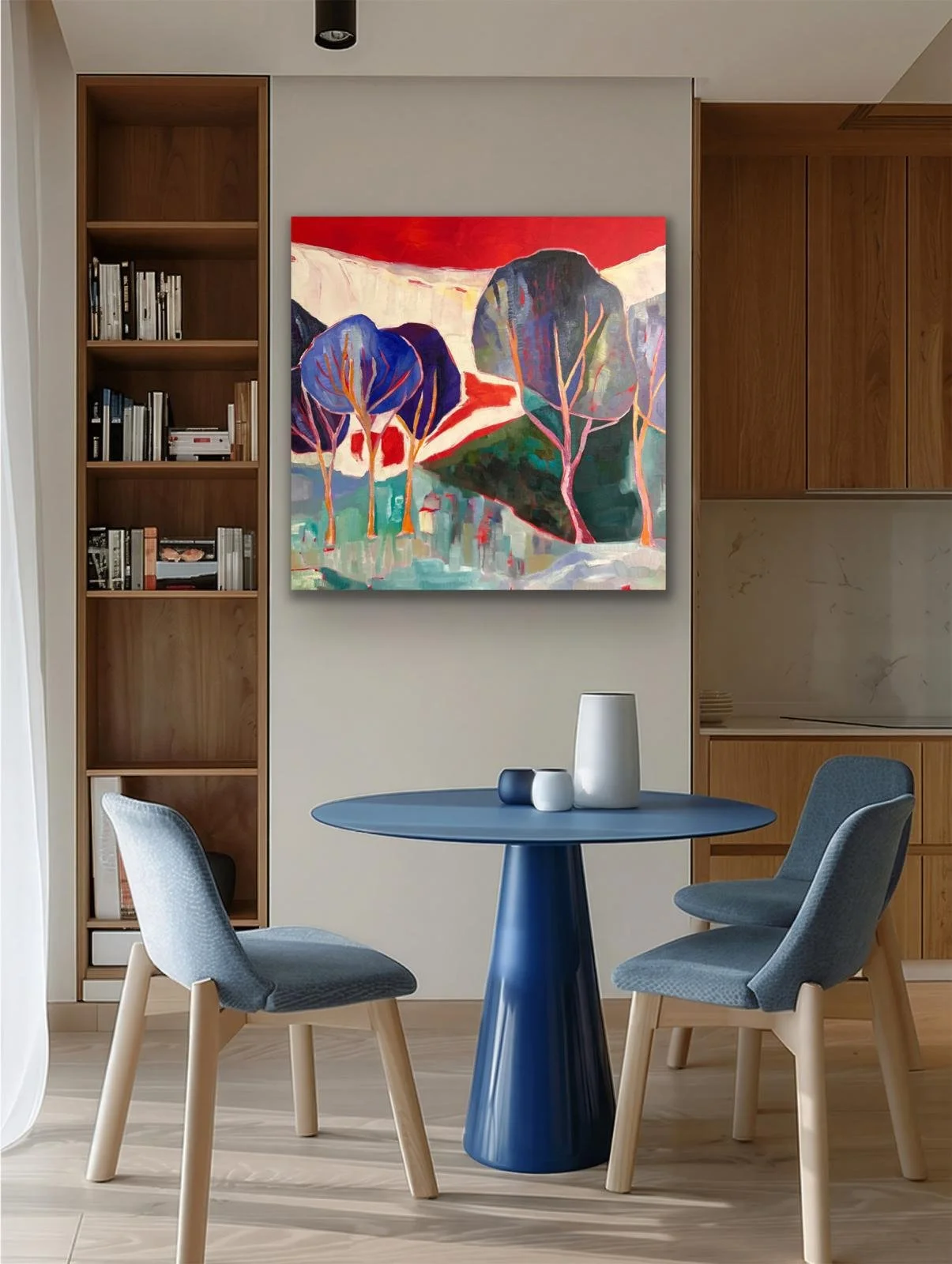 Cubist landscape with red, miro style, gradation of colors