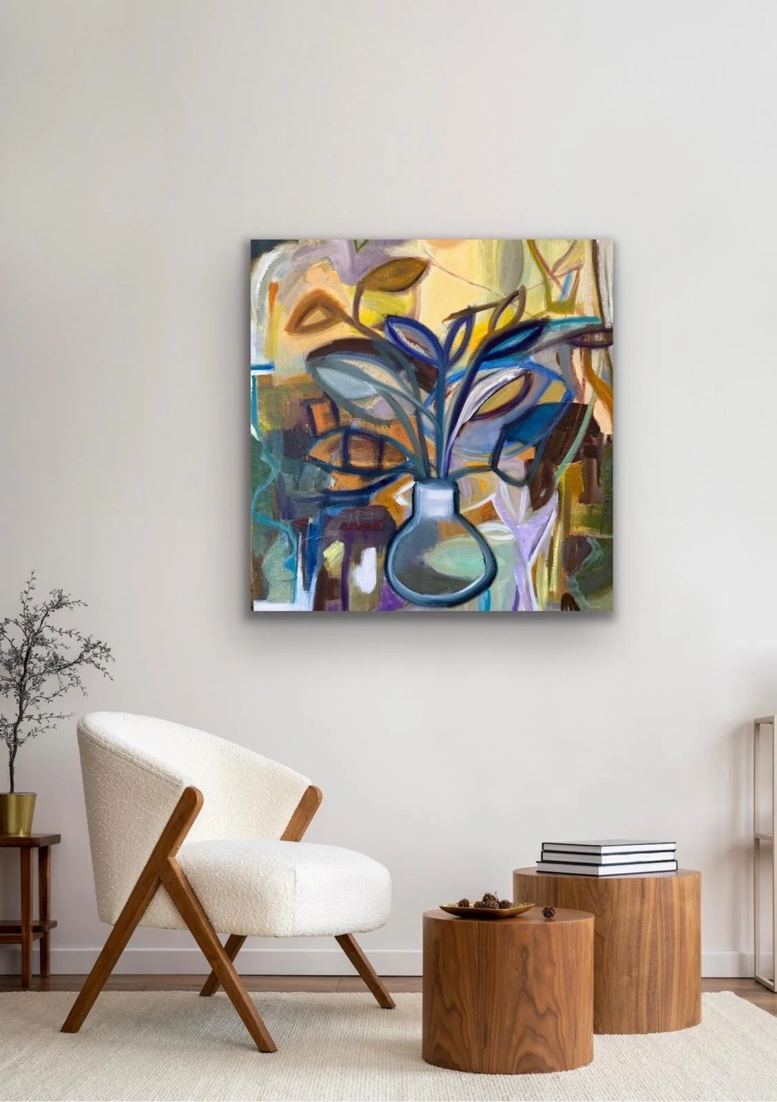 Original cubist-influenced oil painting by Cecile Ganne, 24x24. Colorful abstract florals in teal and luminous blue. Contemporary still life art