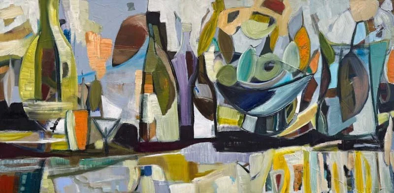 Farandole en jaune – abstract cubist-style still life painting of wine bottles, a fruit bowl, and glasses in yellow, green, and blue tones. Oil and pigments.  24x48"