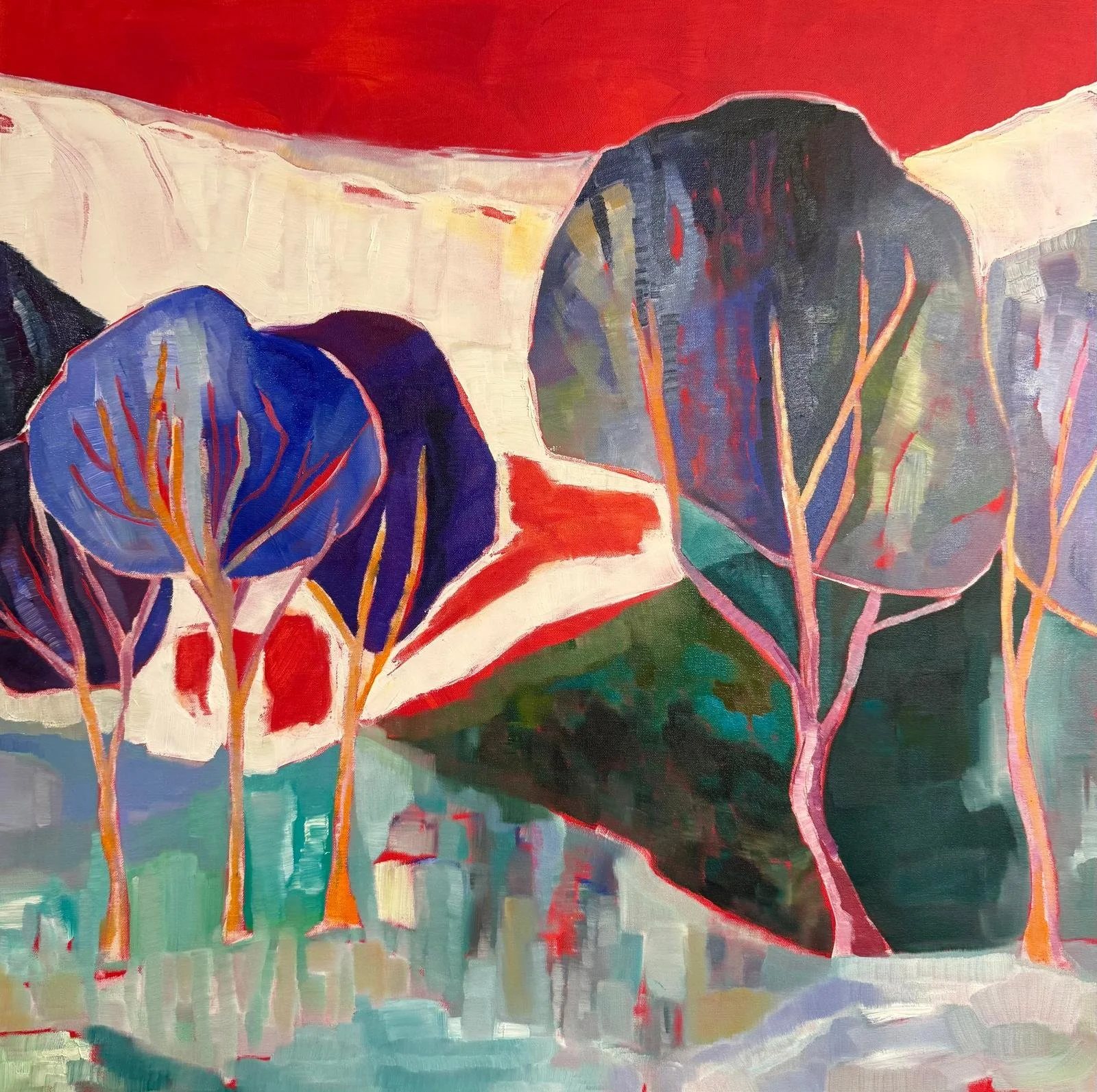 Cubist landscape with gradation of colors, trees, landscape