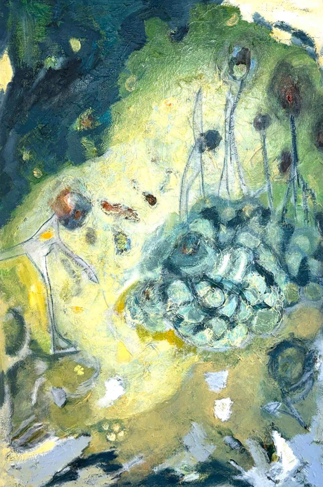 Original oil and pigment painting by Cecile Ganne. Luminous blues, teal, and mint tones evoke an oniric, dreamy, childlike dream world