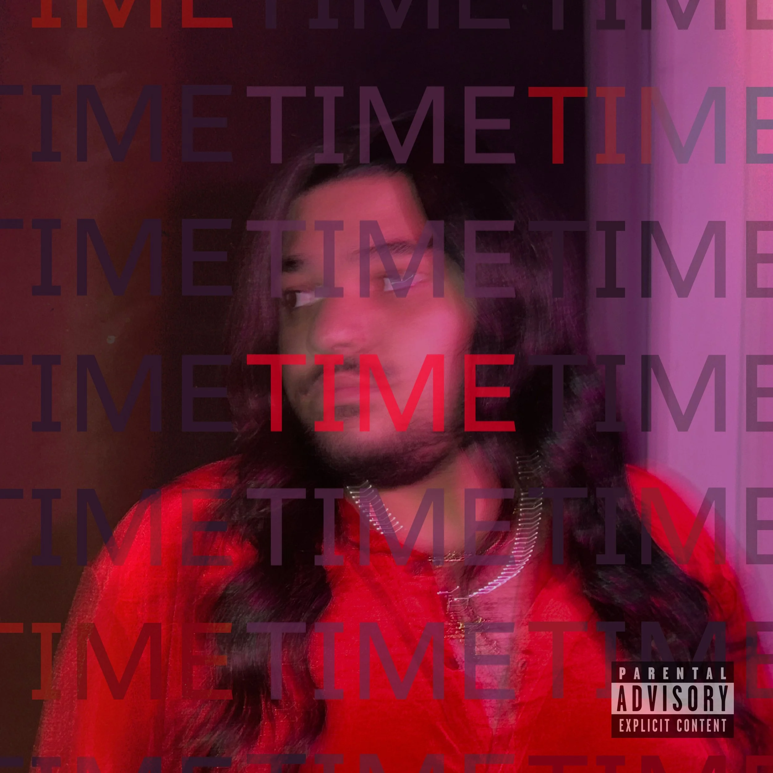 Close-up of a woman with long dark hair, wearing a red jacket, with a pink and purple background, overlaid with the repeated text 'TIME' and 'IMETI' in bold purple and red letters, and a parental advisory label in the bottom right corner.