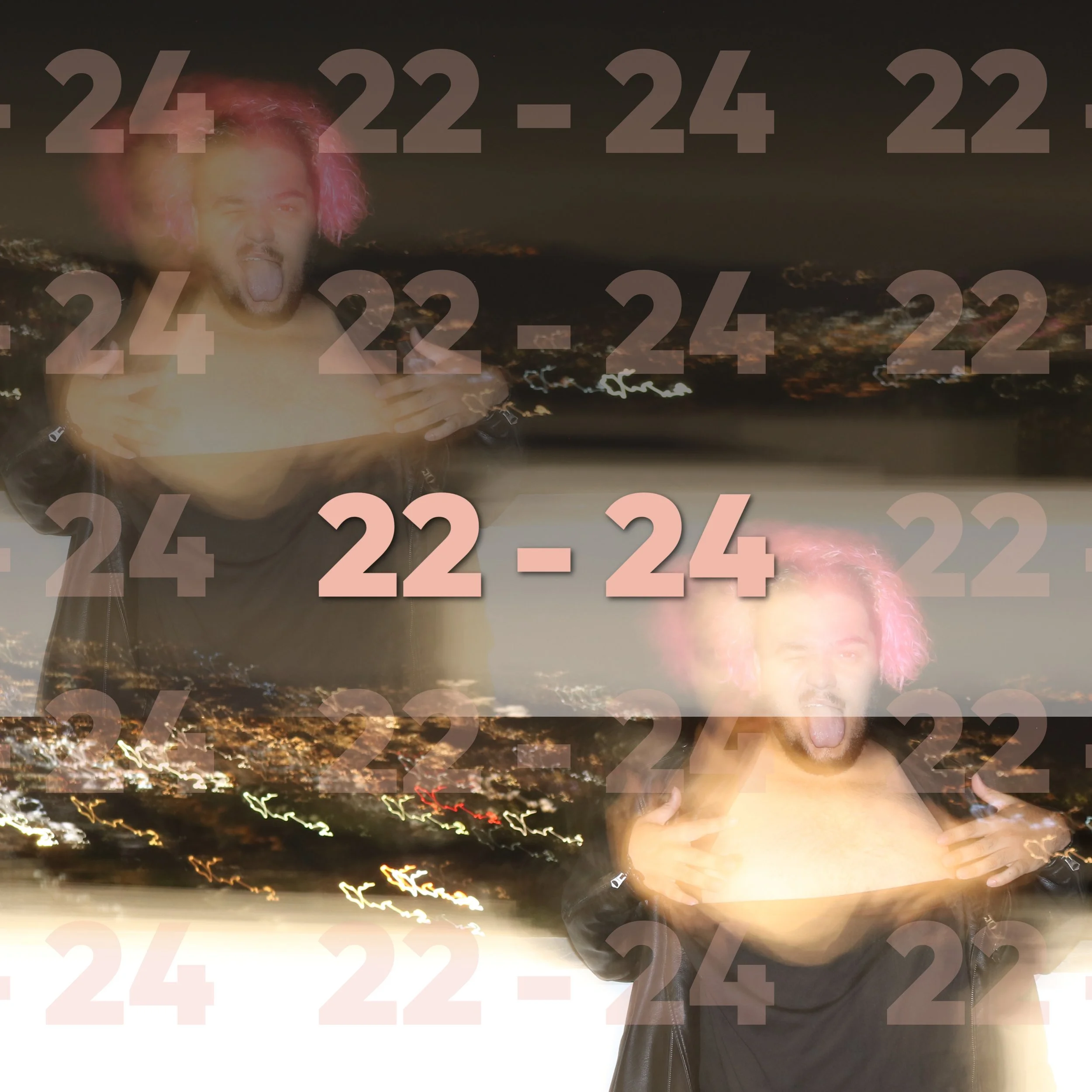 A double exposure photo shows a man with pink hair making a playful face, sticking out his tongue, against a city nightscape with blurred lights, overlaid with the text '22-24' repeated multiple times.