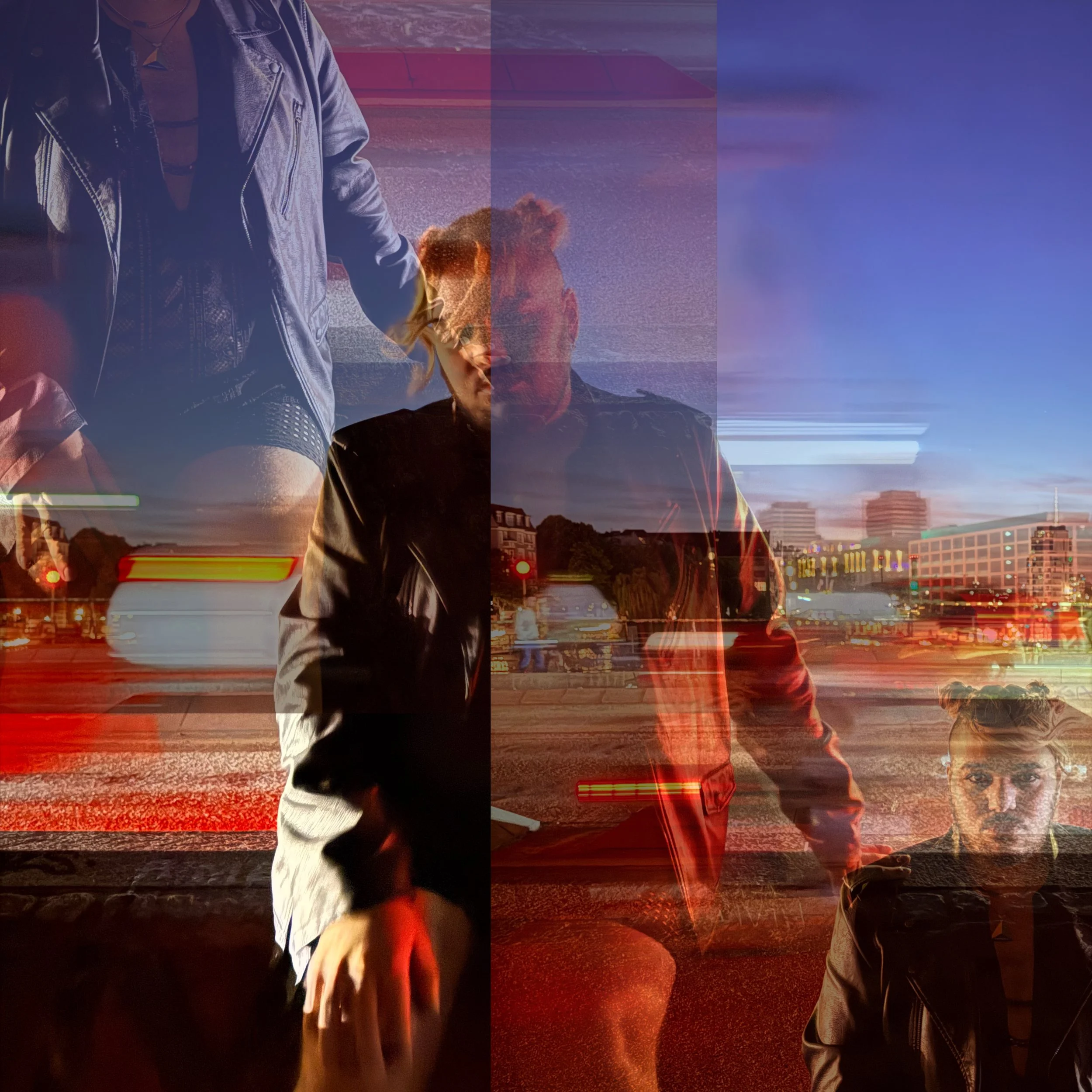 Multiple overlapping images of young people on city streets at night with bright lights and buildings, creating a layered, abstract effect.