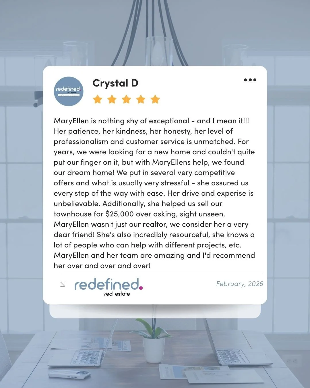 We&rsquo;re so grateful for our clients who trust us with their home journeys! Here&rsquo;s what Crystal D. shared about working with us:⁠
⁠
&ldquo;MaryEllen is nothing shy of exceptional - and I mean it!!! Her patience, her kindness, her honesty, he