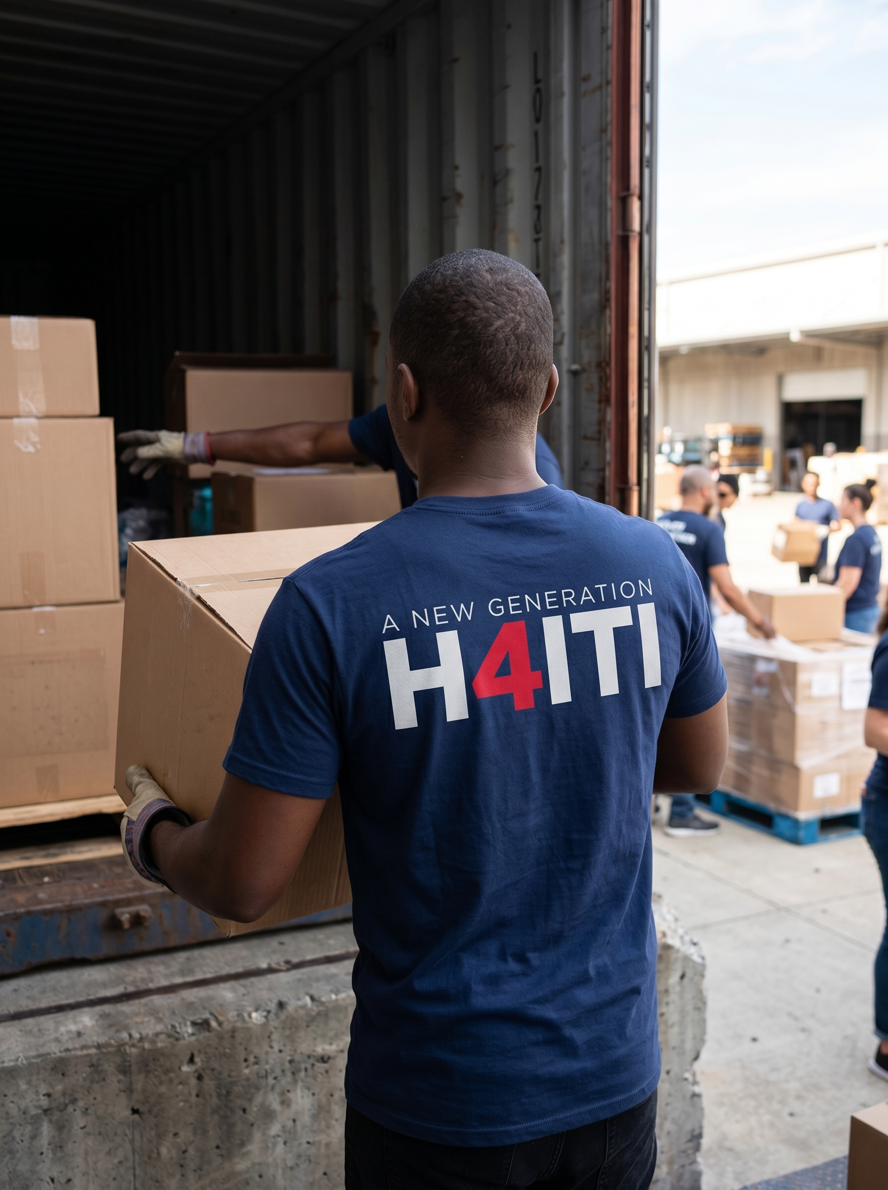 A man is loading a brown cardboard box into a shipping container.