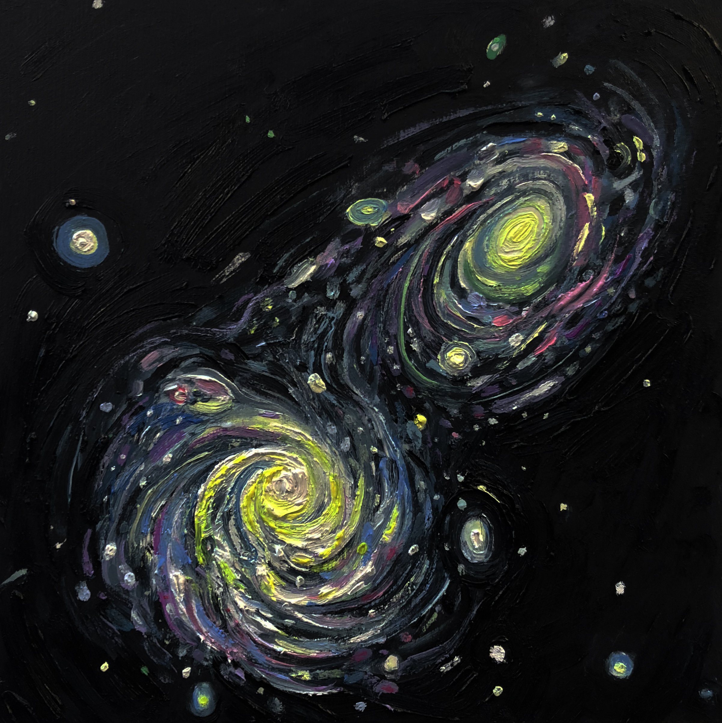 Colliding Spiral Galaxies | 8" x 8" | oil on wood panel | 2018