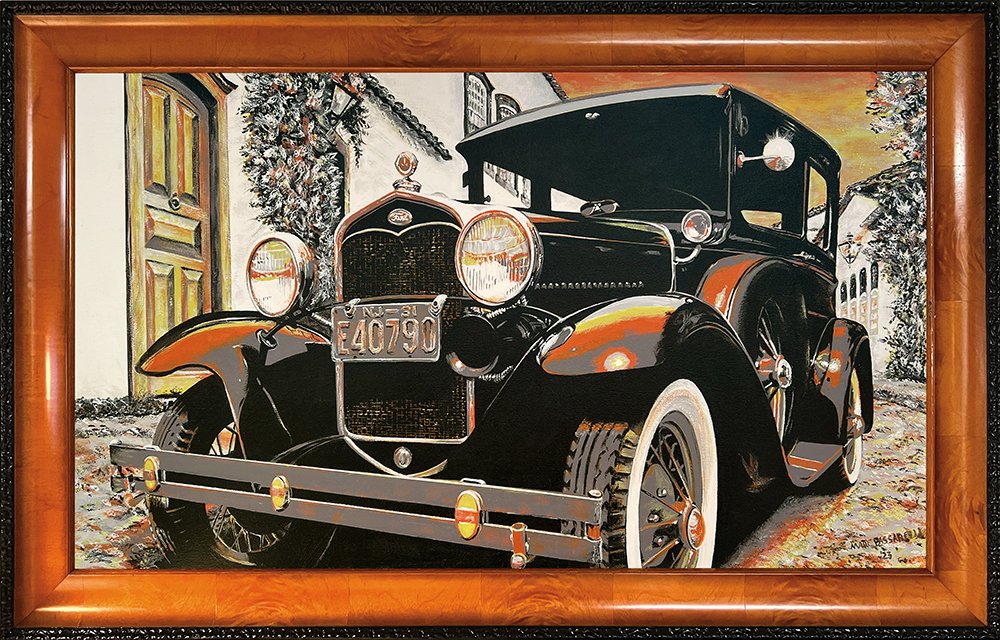 Painting of a vintage black automobile parked on a street with buildings and plants in the background.