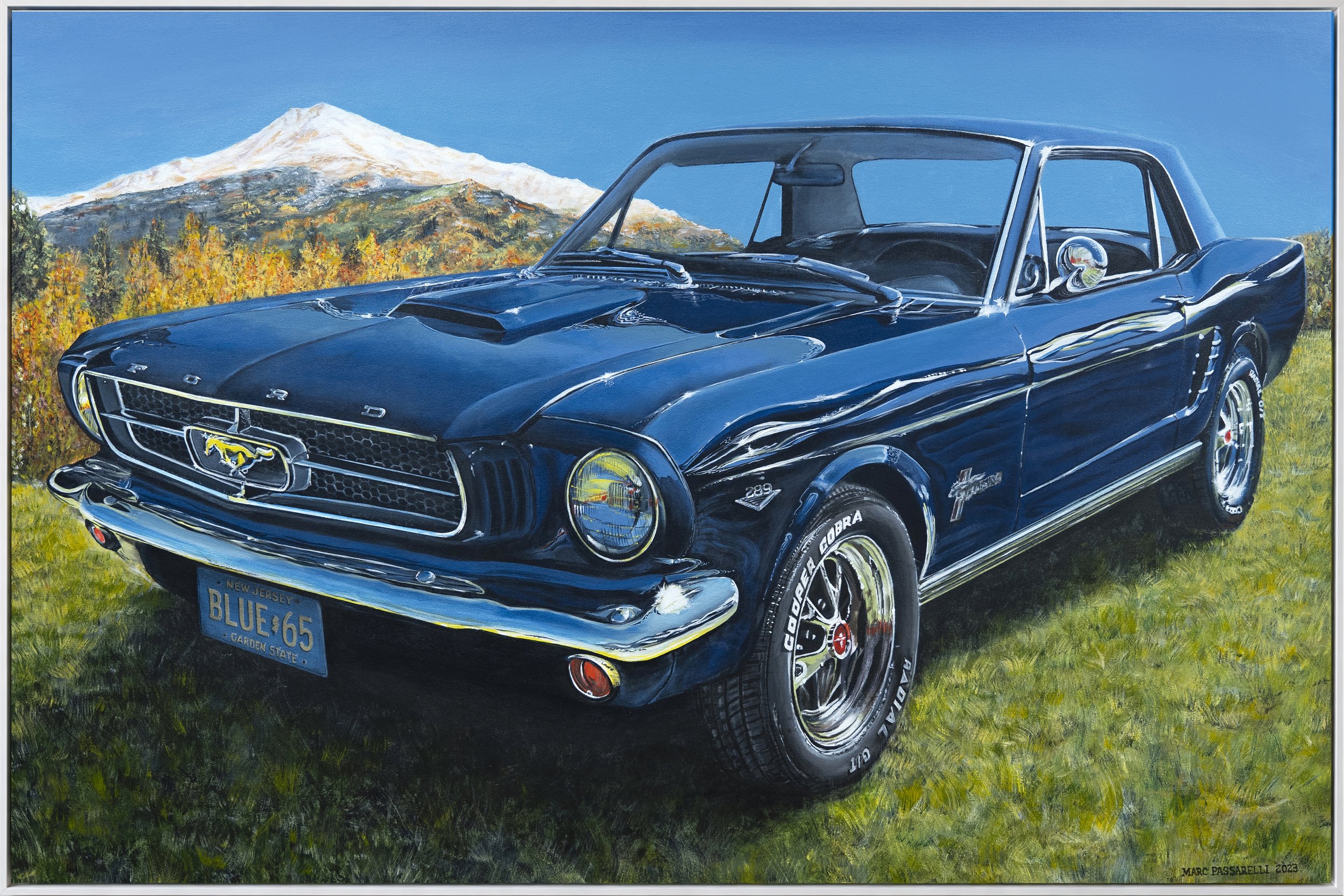 A painting of a classic black Ford Mustang car parked on green grass with a snow-capped mountain in the background under a clear blue sky.
