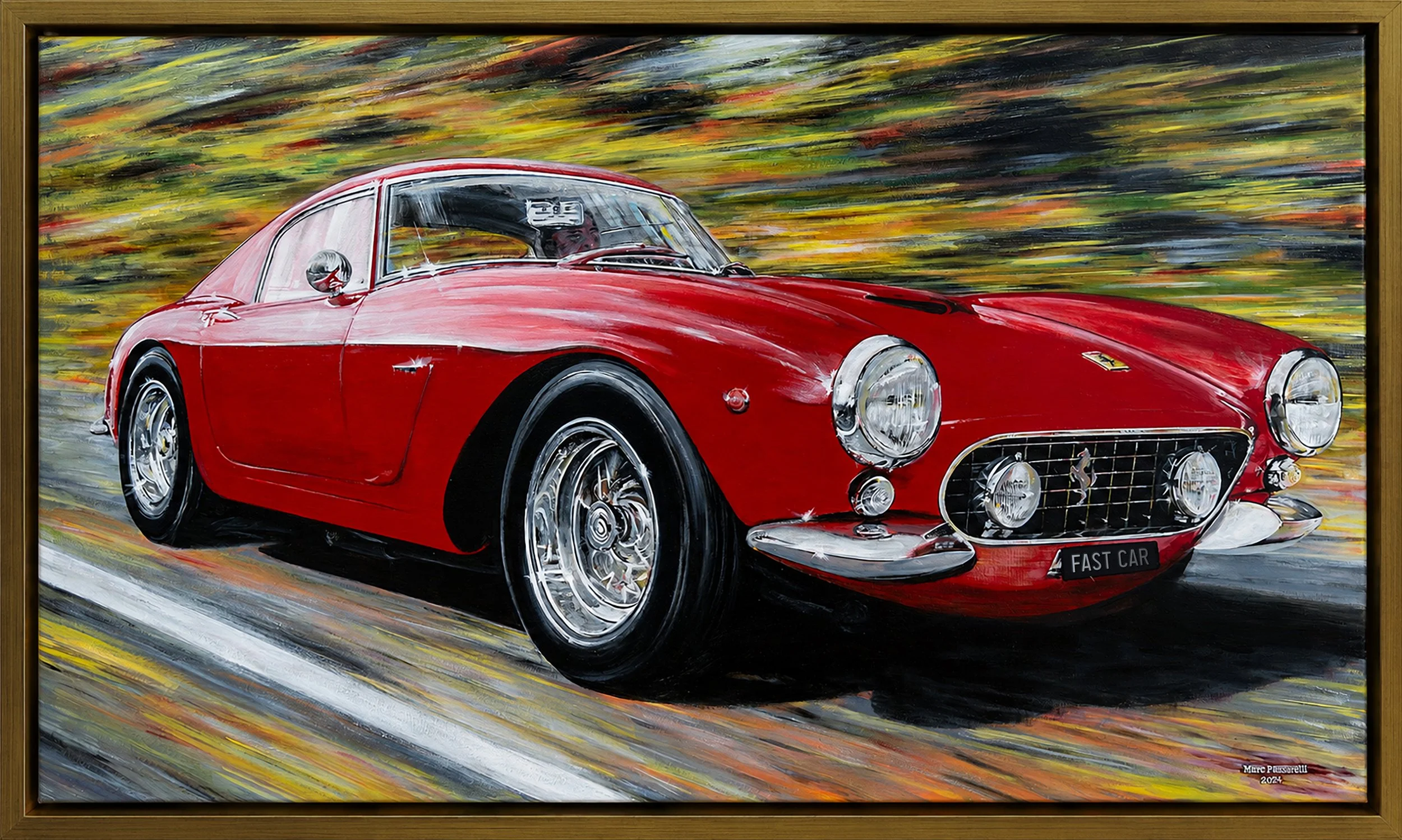 Painting of someone driving a red vintage Ferrari sports car with a license plate reading 'FAST CAR' on a dynamic, colorful background.