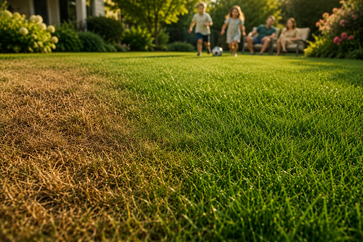 Children and adults playing on a lush green lawn in a backyard garden during the daytime.