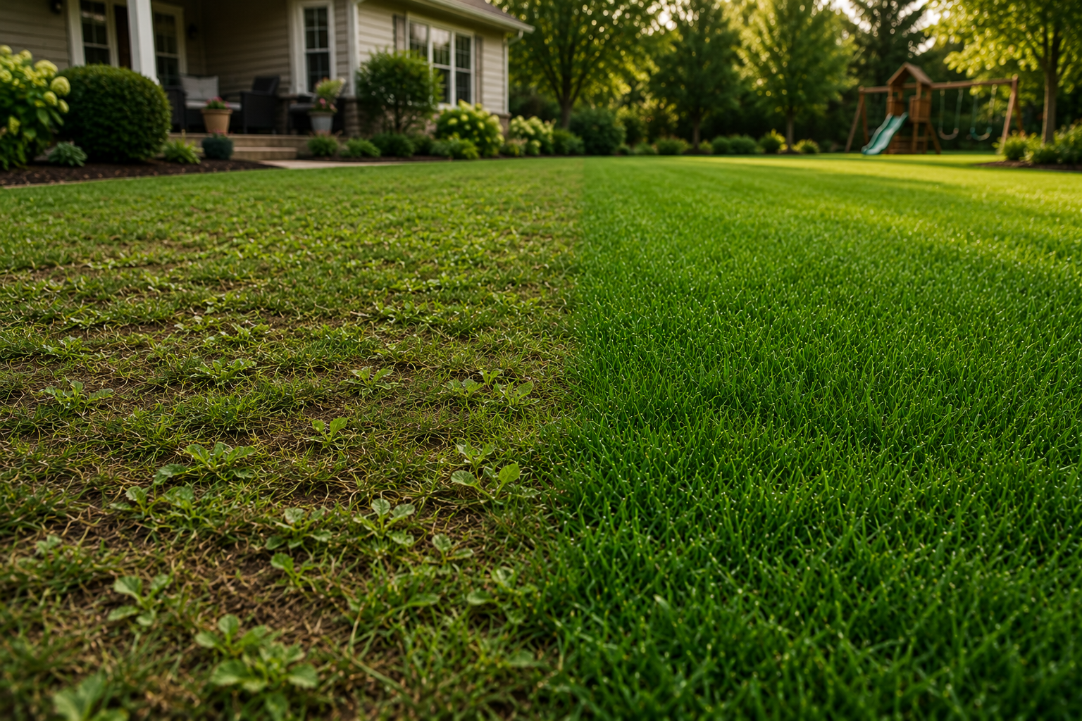 Side-by-side comparison of patchy and lush green grass in a backyard, with a house and playground in the background.