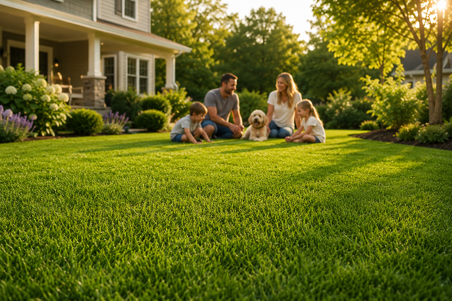 A family of five, including two children, a man, a woman, and a dog, sitting on a lawn in front of a house, enjoying the sunset.