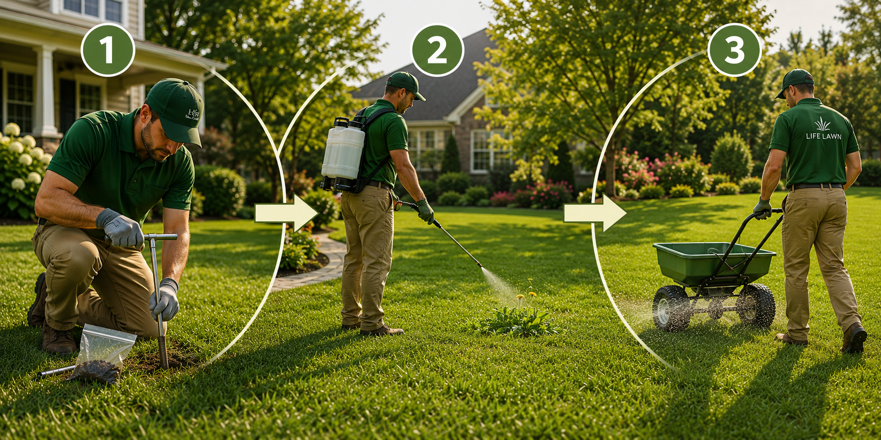 Sequence of three stages showing a man working on a lawn: kneeling and planting, standing and spraying, walking with a lawn cart, all outdoors in a neatly landscaped yard with trees and flowers.