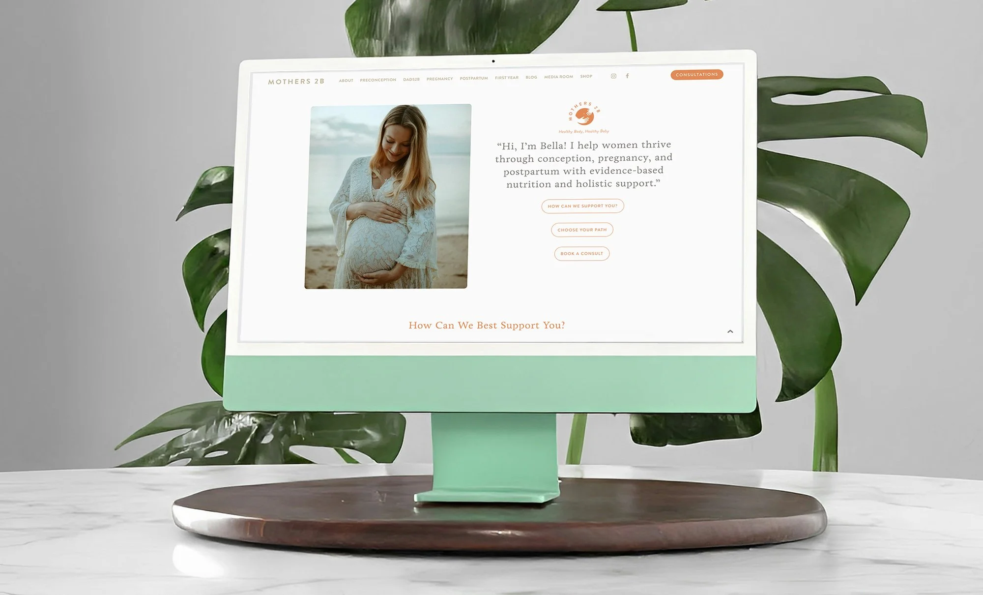 Computer monitor displaying a website about pregnancy and postpartum support. Fiona Routledge Design created the web design and development for this site
