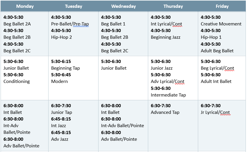 Dance class schedule table from Monday to Friday, listing different dance classes and their times, including Beg Ballet, Hip-Hop, Junior Ballet, Int Ballet, Modern, Beginning Tap, Advanced Tap, and others.
