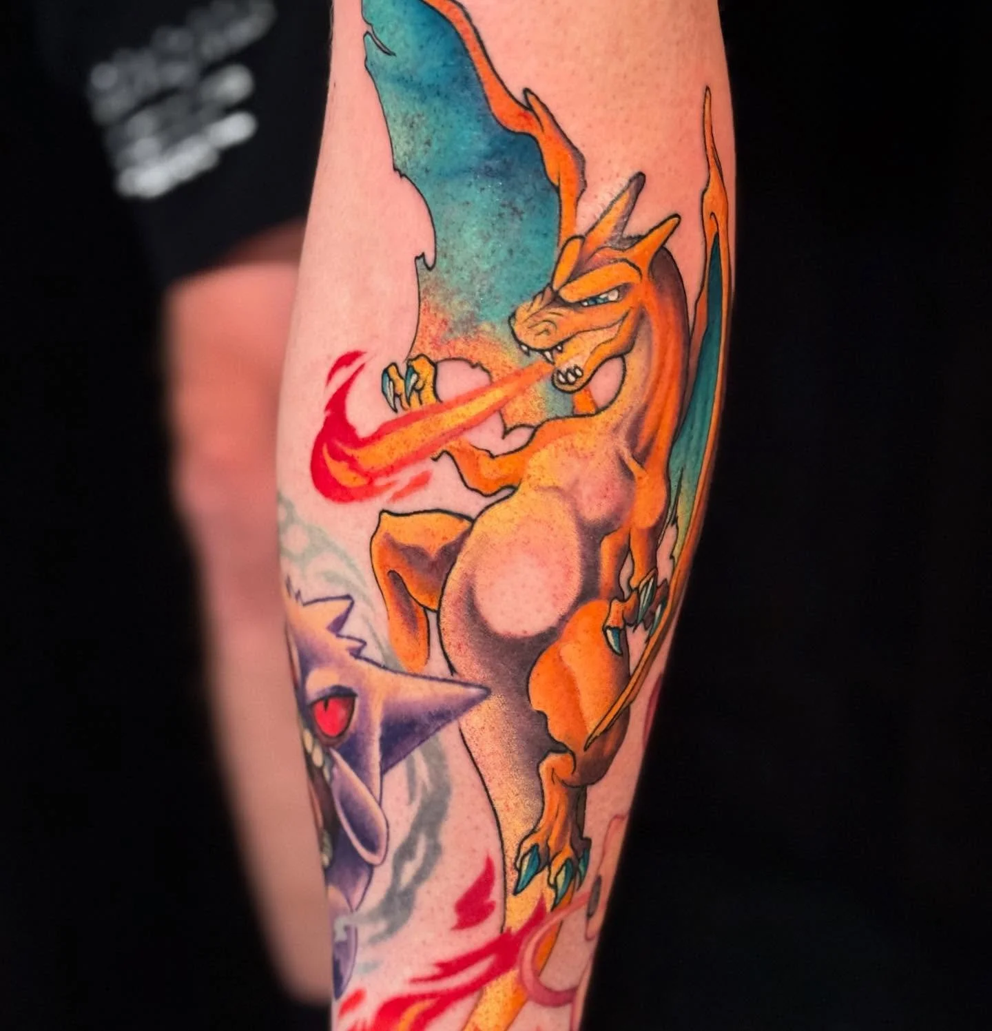 Charizard and flame Nike swoosh for my boyfriend ❤️ this piece has been a long time coming, I think he&rsquo;s been asking me for over a year now for a charizard and we finally got around to doing it 😩. The fact we put a Nike swoosh in it is the mos