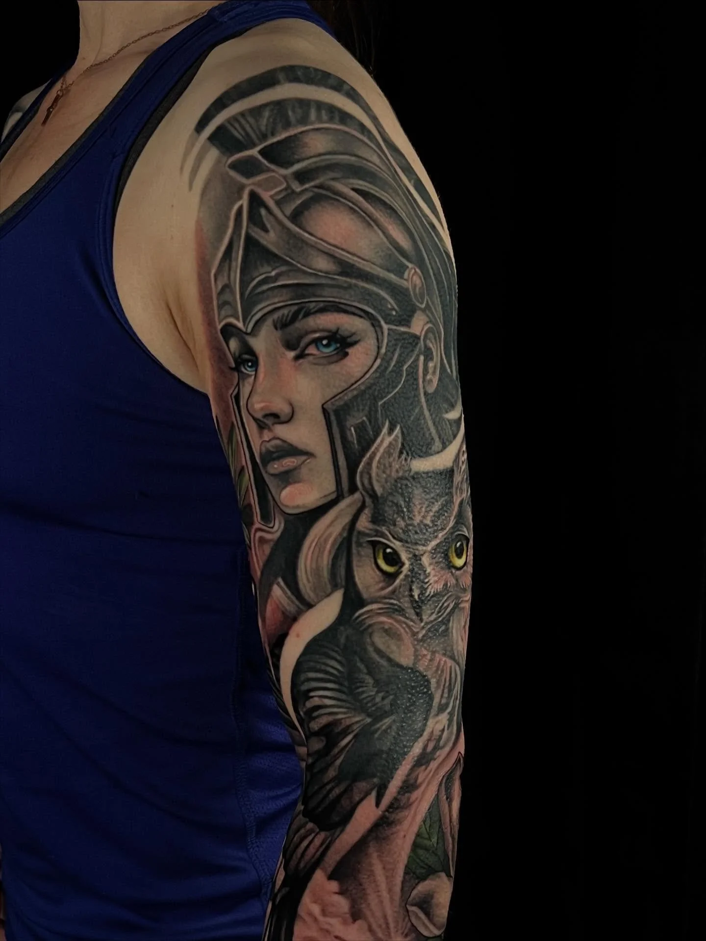 Athena 🌿🫒🦉This sleeve is still in progress, but I was stoked to share what we worked on last time! We did two days in a row to add the olive branch, elbow magnolia, and full body warrior women!! I&rsquo;m so stoked to get this all finished! 😍
.
#