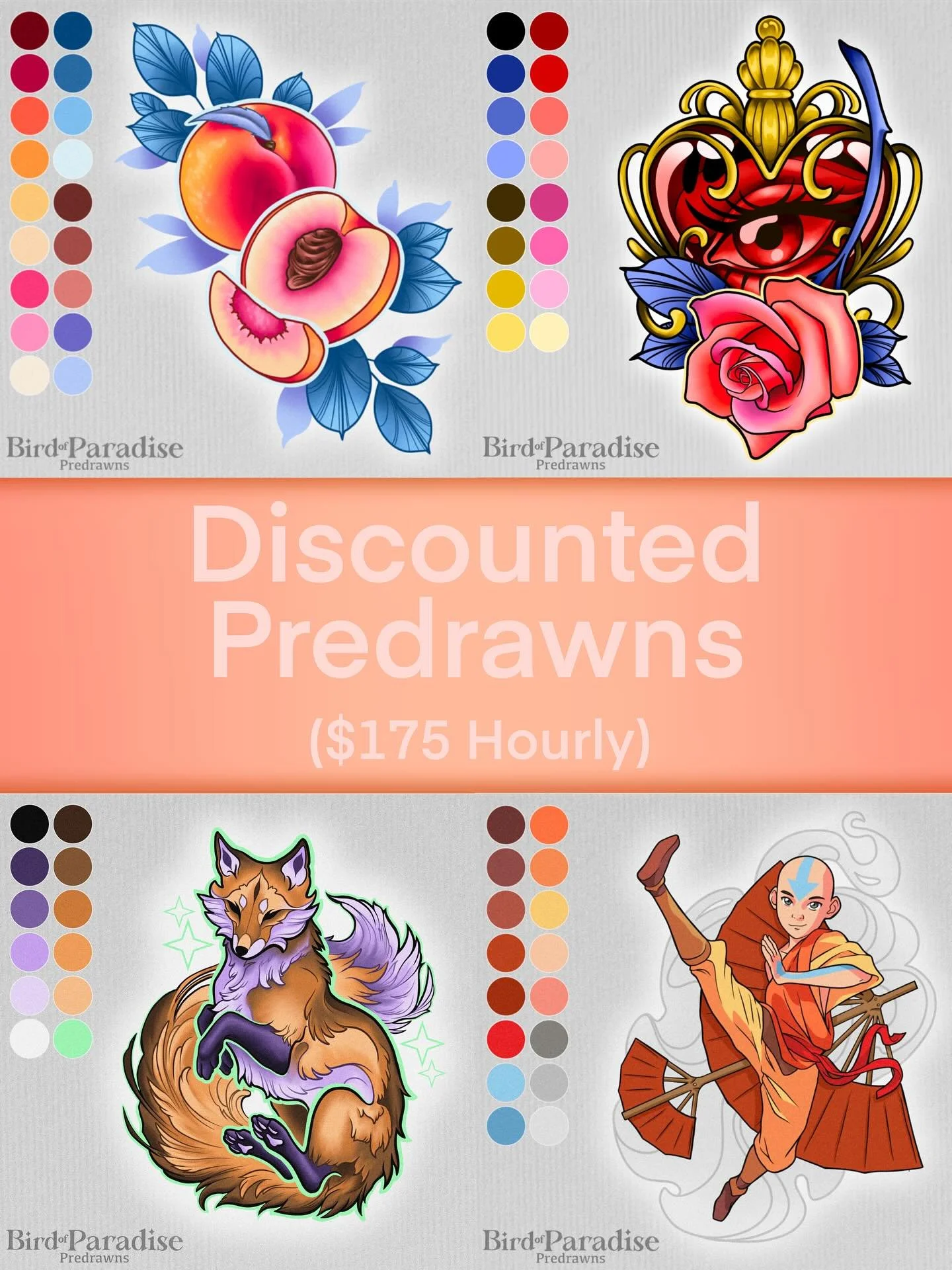 (Part 2 of 3!) some more of my predrawns I&rsquo;d love to tattoo! If you like one of these pieces I&rsquo;ll be charging my previous rate on them because I&rsquo;m dying to do them😍 booking link in bio!😍
Please note: only the ones presented in the