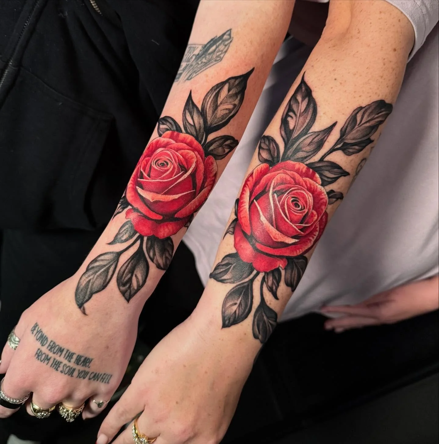 Matching memorial roses for these sisters❤️ 3 hours each. Usually I only tattoo one person per day- but lately I have opened up the possibility to me taking more same day sessions for smaller work! As long as it&rsquo;s split for 3 hours per person (