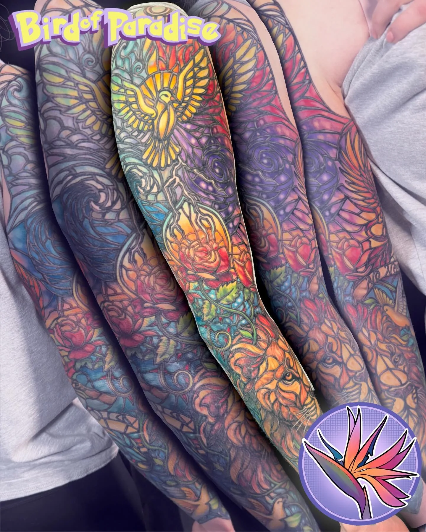 What a journey this sleeve was last year!! We managed to get this entire full color stained glass sleeve done in just under 7 months! I can barely believe it because it was soooo much work. But it was so beyond worth it! Claire was an absolute machin