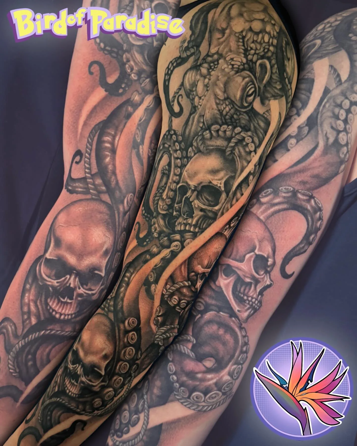 Octo-Sleeve 🐙 we still have inner panels to visit but man was this project cool! 🥰 I&rsquo;d love to do more black and gray realism like this!
.
#utahtattoo #utahartist #realismtattoo #blackandgraytattoo #utahtattooshop