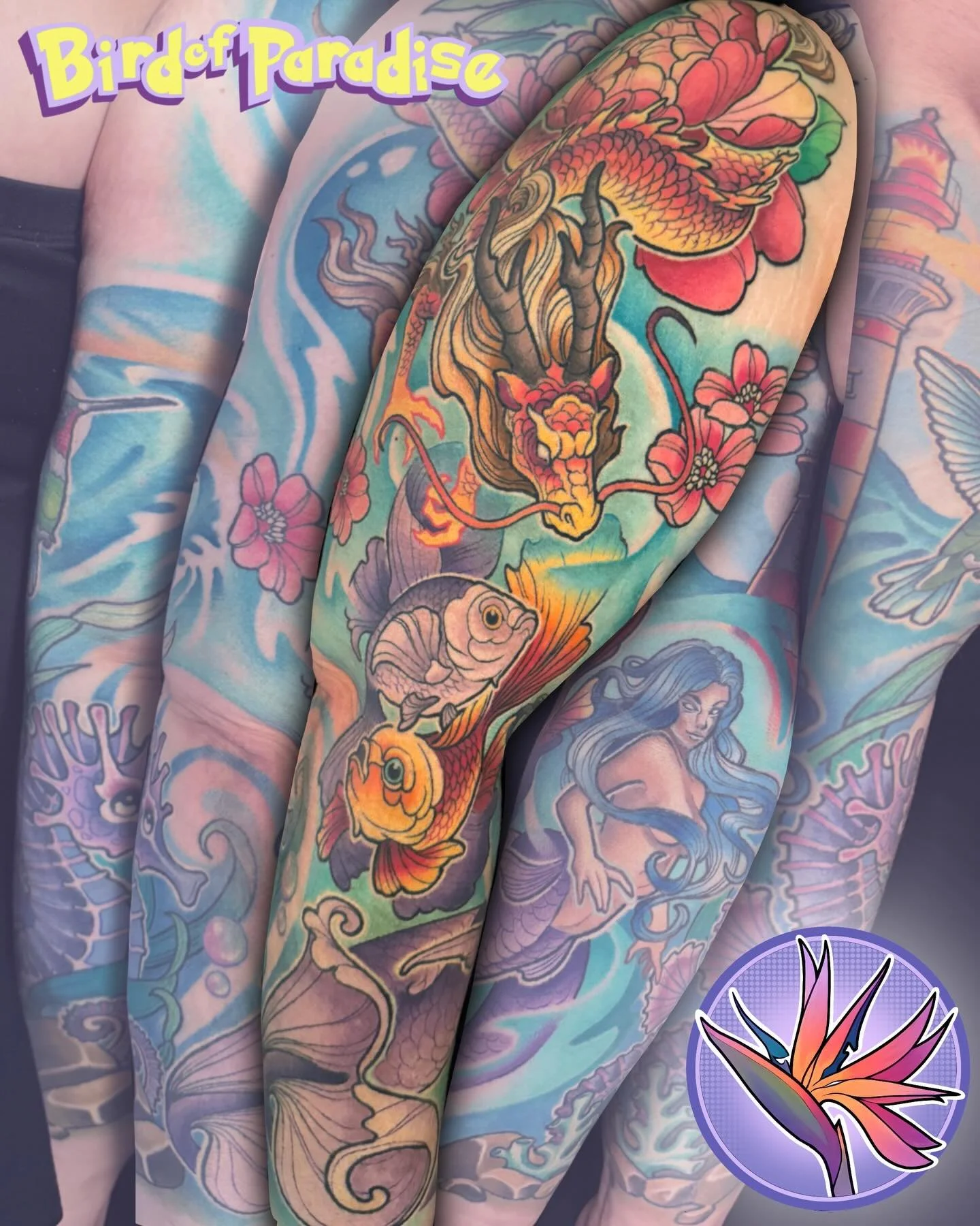 Fully healed sleeve❤️ we started this project almost 2 years ago! So crazy to see it all in its colorful glory🥰❤️🎨 thanks for looking! My books are always open❤️ #neotraditional #healedtattoo #utahtattooshop #utahartist #dragontattoo