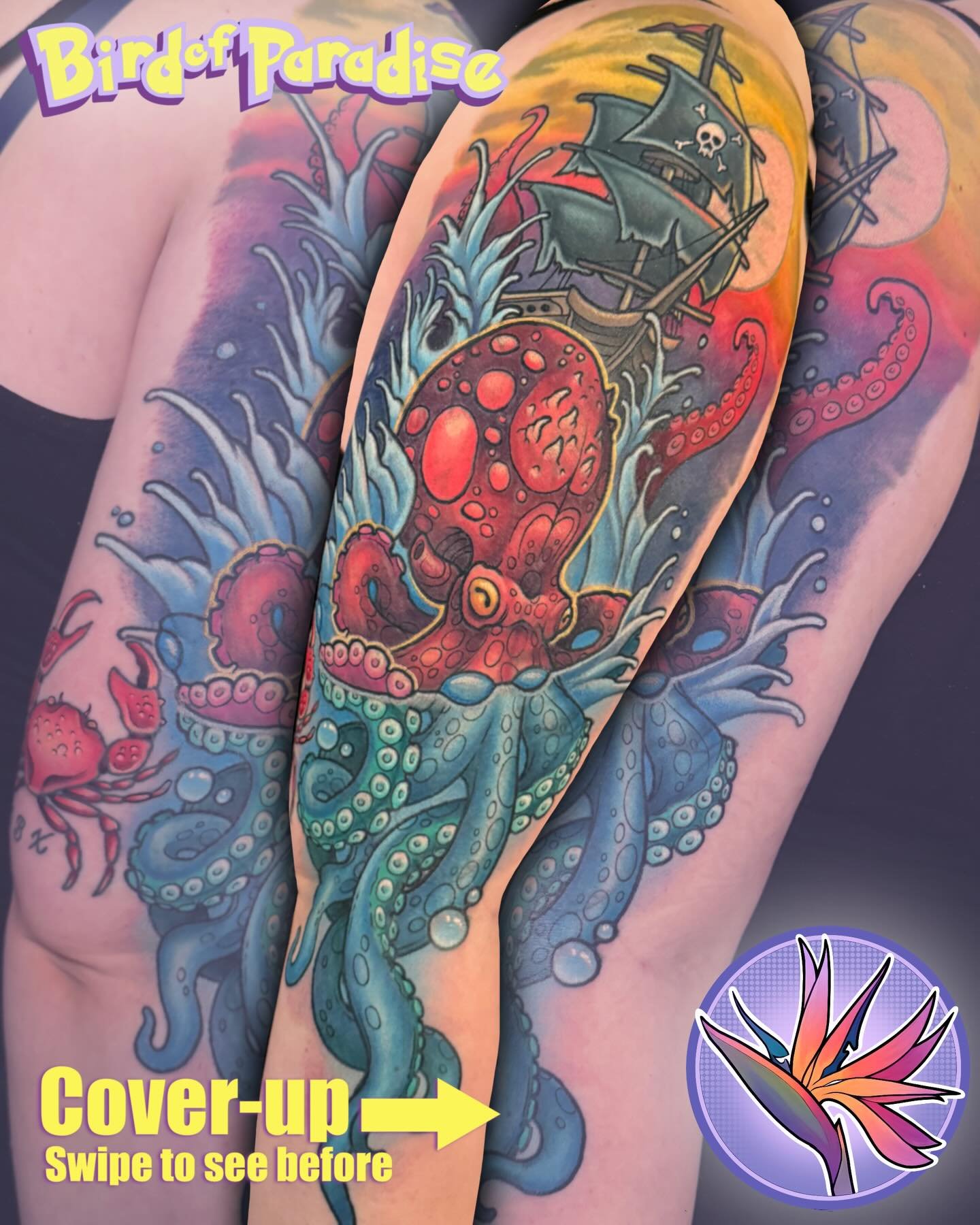 Full cover up and rework for this cool cat! We had quite the project ahead of us but man does it look so much more ALIVE! I say that because our mermaid to start certainly had some zombie like features that just HAD TO GO. My client came over a year 
