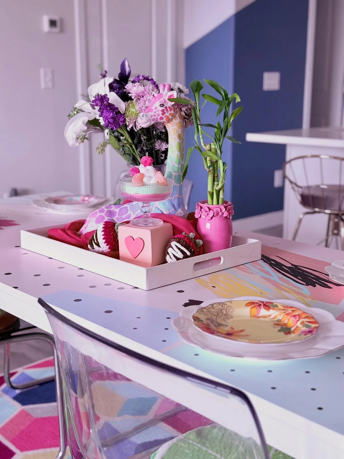 Dining table got a wallpaper wrap 🥰🥰 video coming soon for it!🫶 #pasteldecor #maximalist #colorfuldecor #rainbow #homedecor
