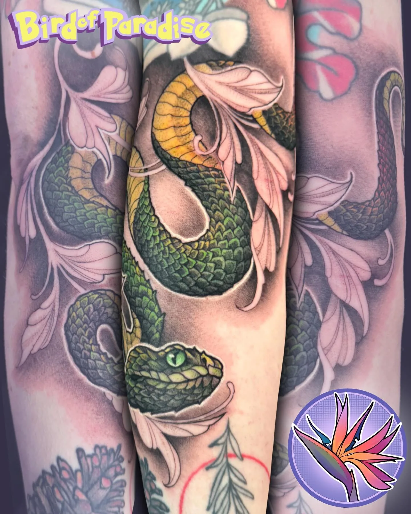 Gap filler Viper 🥰 love how this little guy flows through this clients other pieces! Books are open and link is in bio❤️ #neotrad #utahtattoo #snaketattoo #colortattoo #gapfillertattoo