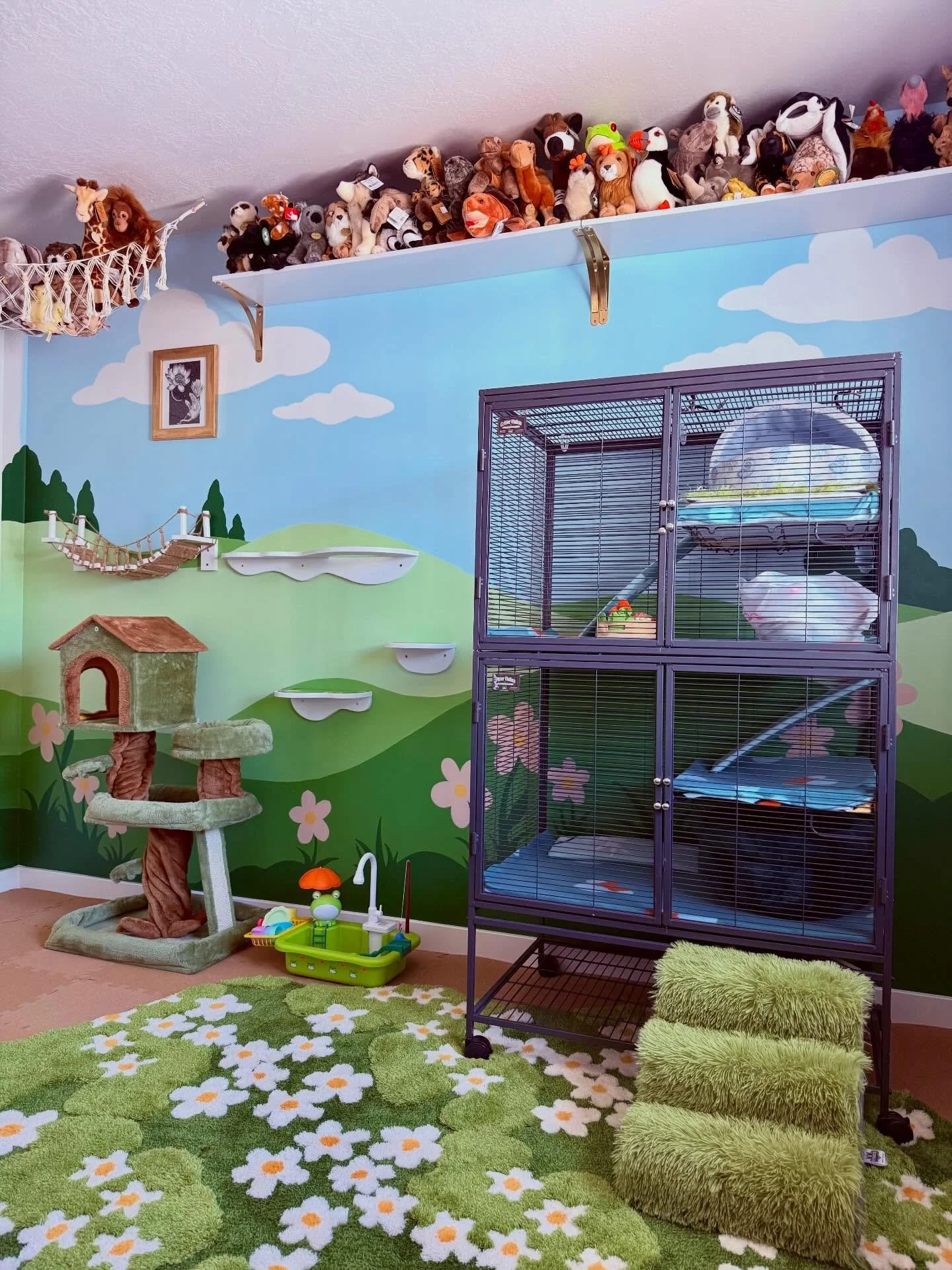 RAT ROOM UPDATE 🎉🥳 MAN I had a busy weekend 😅😅 not only did I decide to bust out the paint and start the landscape I talked about months ago in another reel.. but I hung a bazillion things and added cork puzzle piece flooring!! I thought I was ju