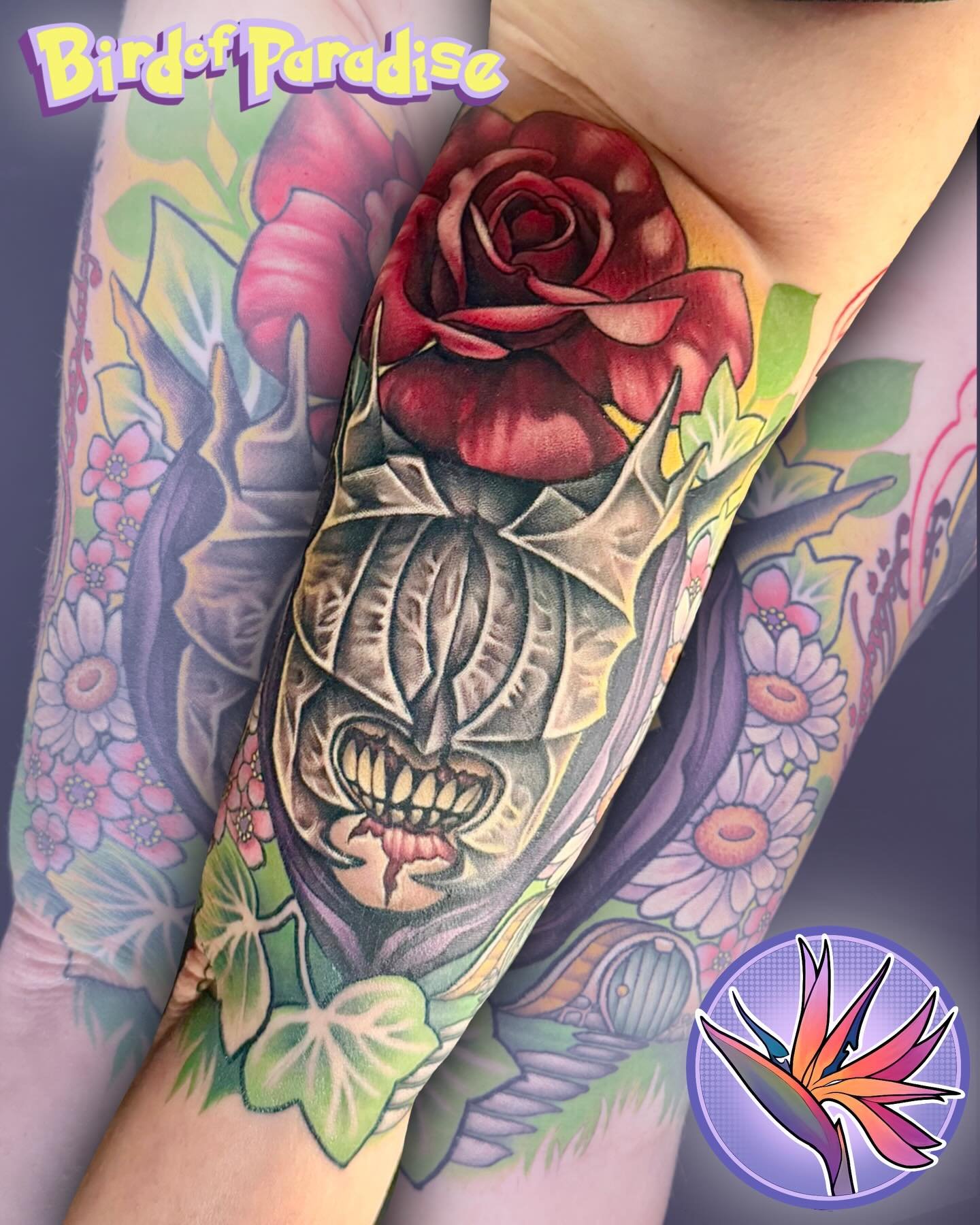Just a LOTR girly tat✨💅 I&rsquo;m beyond stoked I got to do this project. The colors and subject matter were so much fun and I&rsquo;m dying to do more fandom pieces! My books are always open and my link is in bio🥰 #lotr #neotraditional #utahtattoo