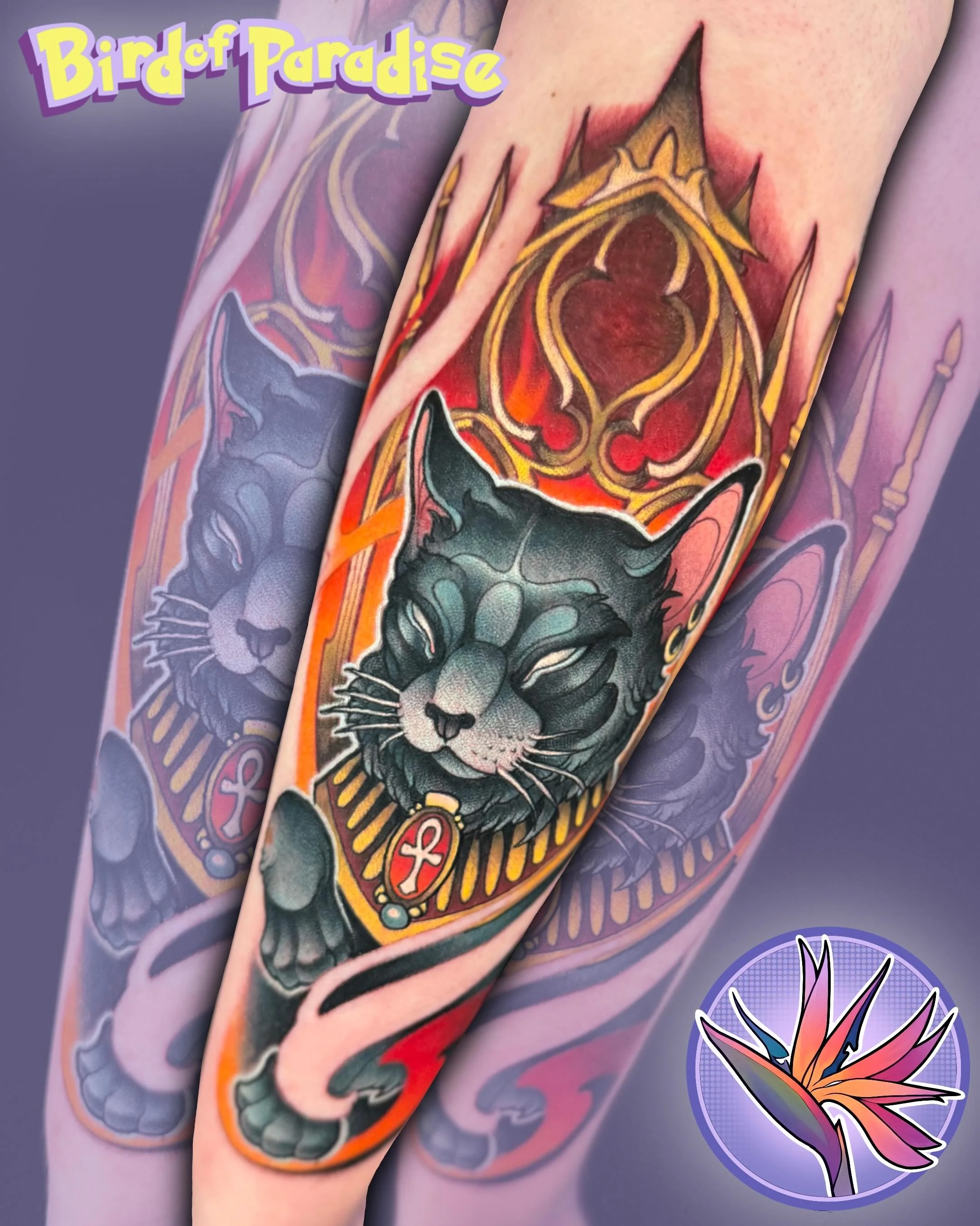 Bastet kitty for Sierra 🥰 can&rsquo;t wait to do the coolest owl on the other side!! Keep swiping to see her sweet little kitty we based this piece off of. Thanks for looking🥰 #neotrad #neotraditional #utahtattoo #colortattoo #utahtattooshop