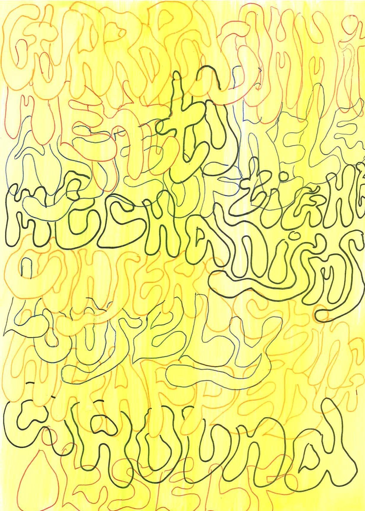 guarded commitment to release of tight mechanisms constricting loosely wrapped around itself - gouache and pen, 2022.