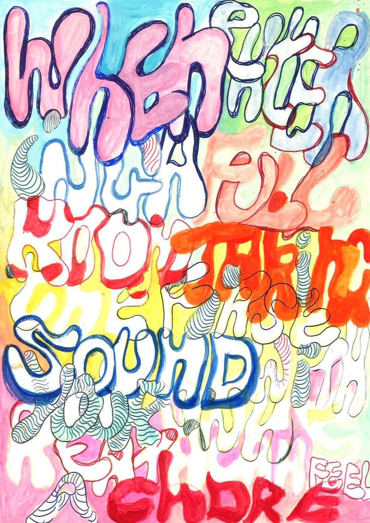 when entering a full room taking the first sound with your own breath can feel like a chore - gouache and pen, 2023.