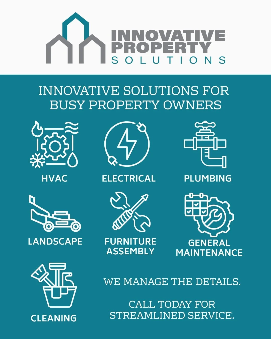 Flyer for Innovative Property Solutions featuring icons for HVAC, electrical, plumbing, landscape, furniture assembly, general maintenance, and cleaning services with text emphasizing streamlined property management.