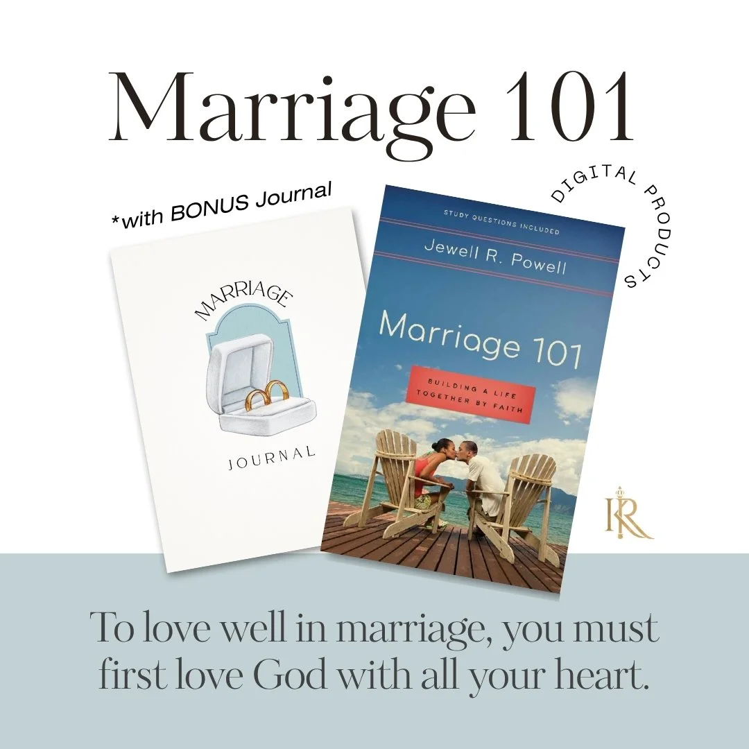 Cover of a book titled 'Marriage 101' by Jewell R. Powell, with a bonus journal featuring a wedding ring in a box, and a quote about loving God first to love well in marriage.