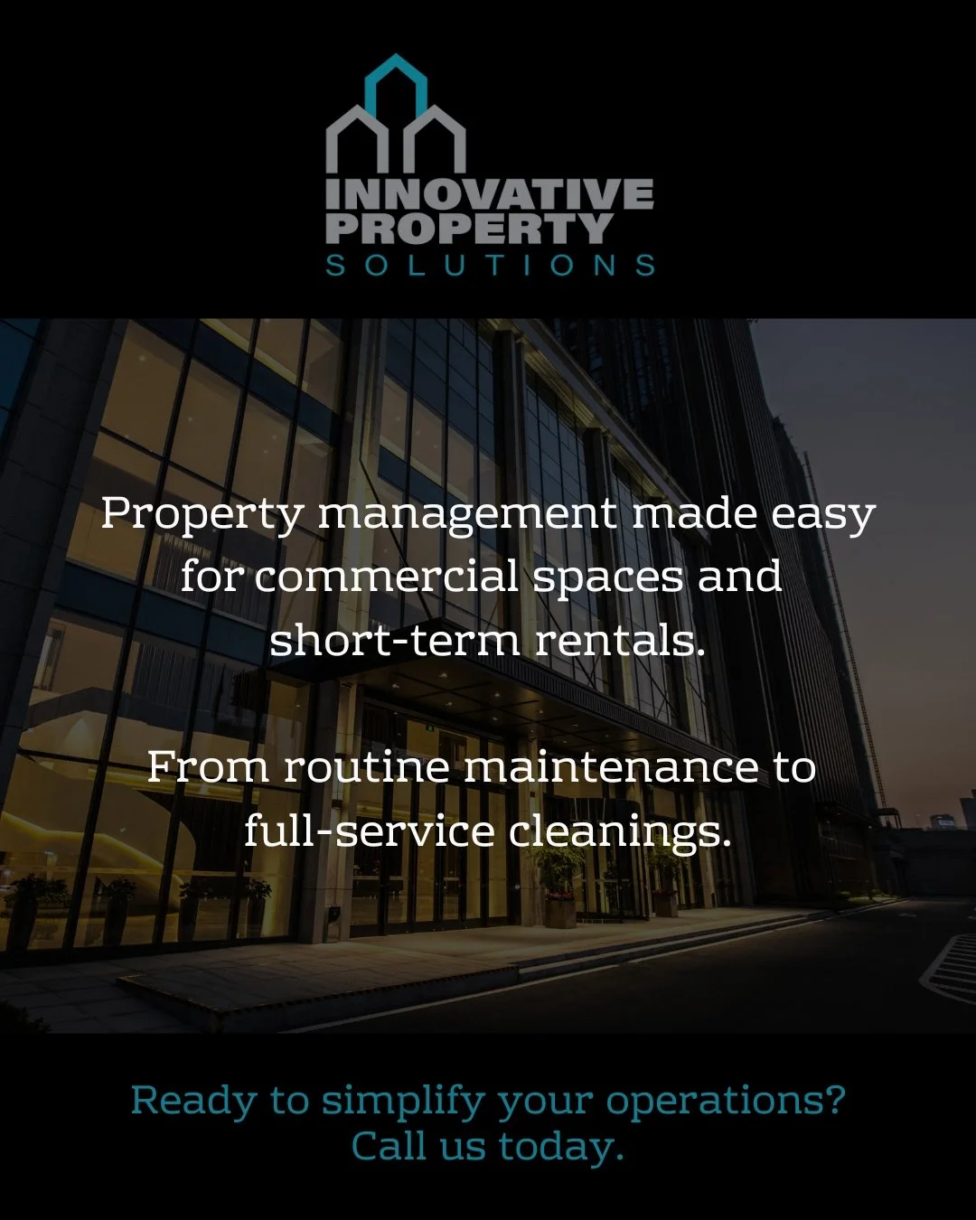 A modern office building with glass windows and a cityscape background. Overlaid text promotes property management services, mentioning maintenance and cleaning, with a call to action to contact the company.